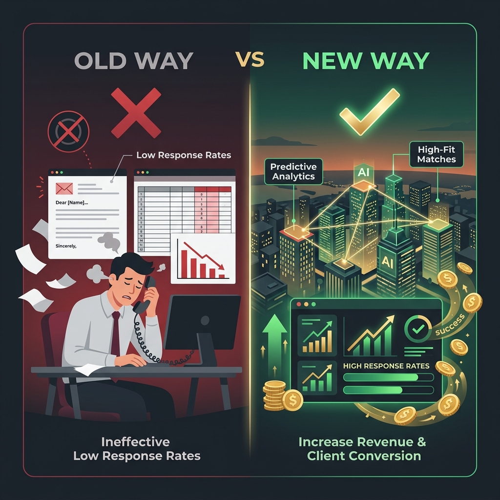 Old Way vs New Way comparison — ineffective cold outreach vs AI-powered satellite intelligence with high response rates